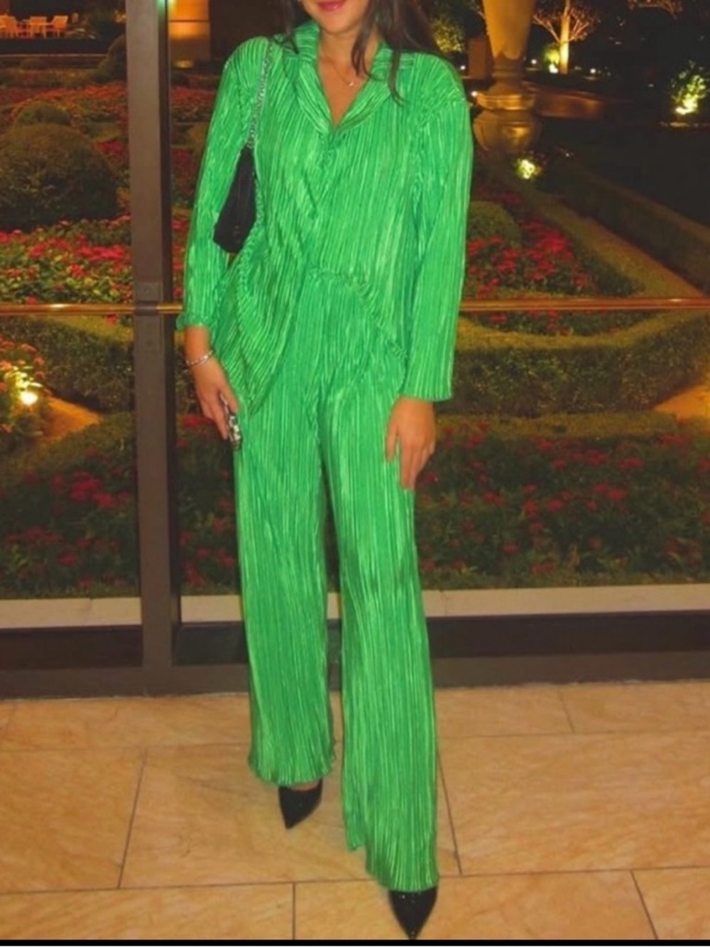 Green Pleated Long-Sleeve Top & Wide-Leg Pants Set